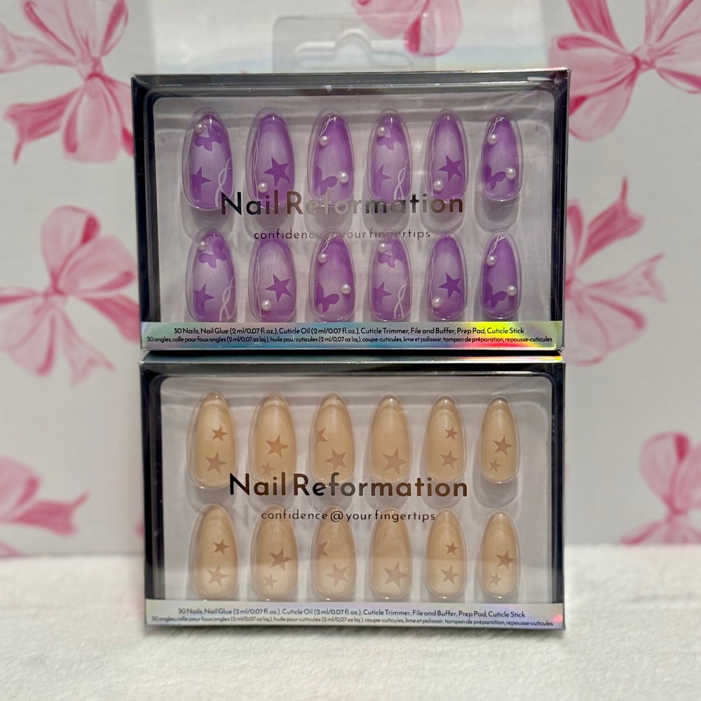 Nail Reformation Press On Nails Purple Butterfly w/ Pearls & Stars Almond Shape‎